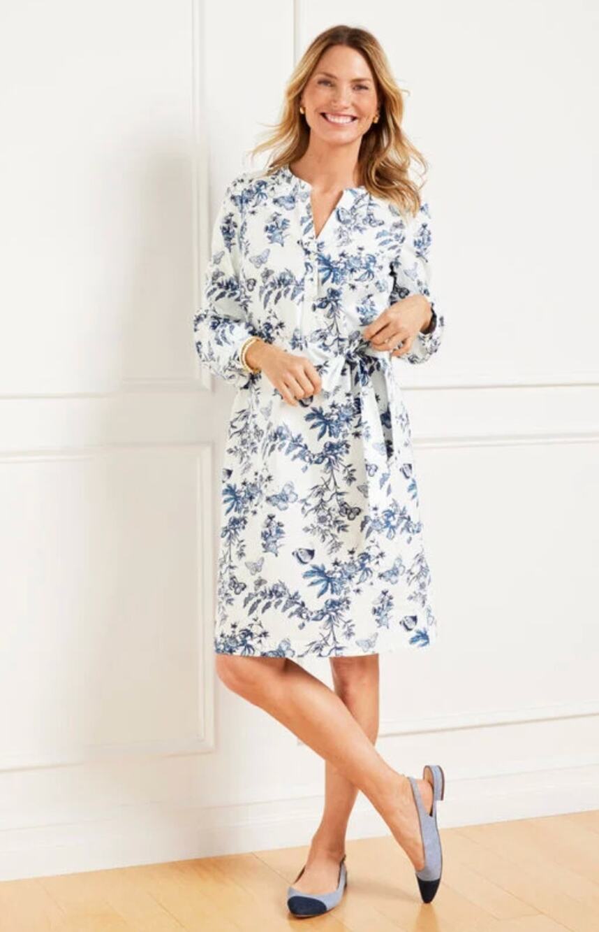 Talbots NWT Blue White Butterfly Floral Poplin Shirtdress Belted Medium  Work